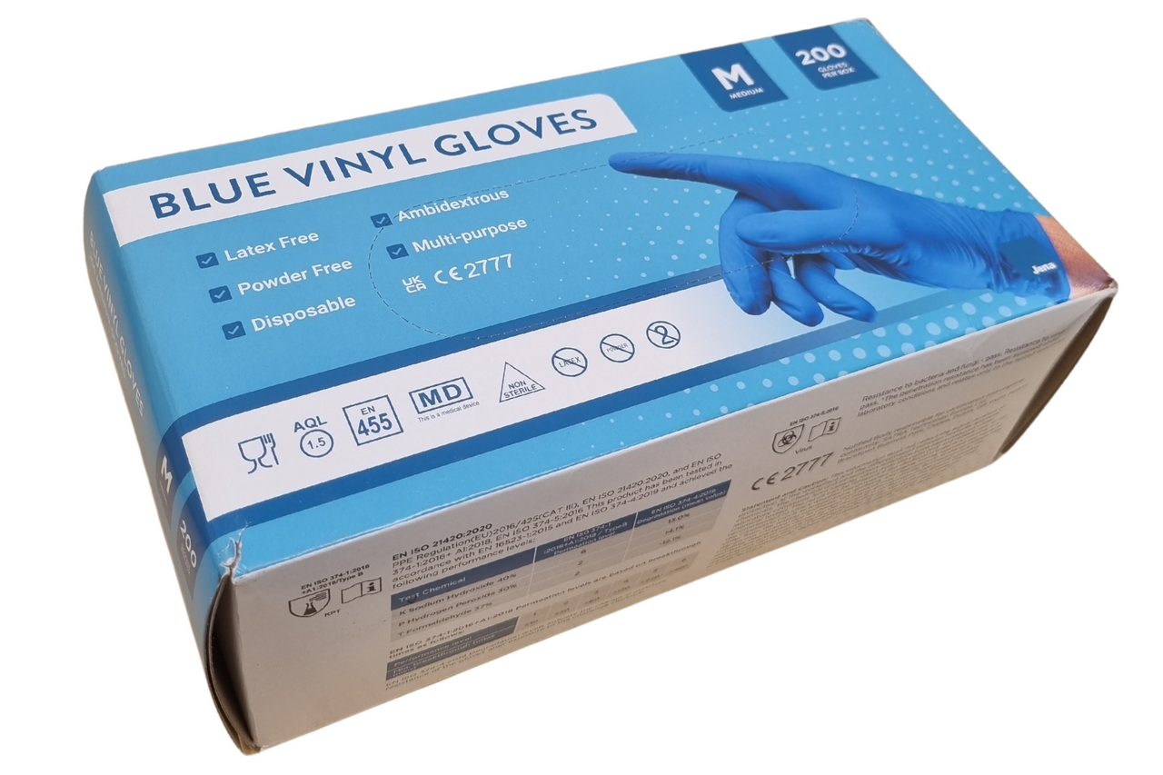 Jena Blue Vinyl Gloves Latex Free Medium 200 Gloves (Damaged